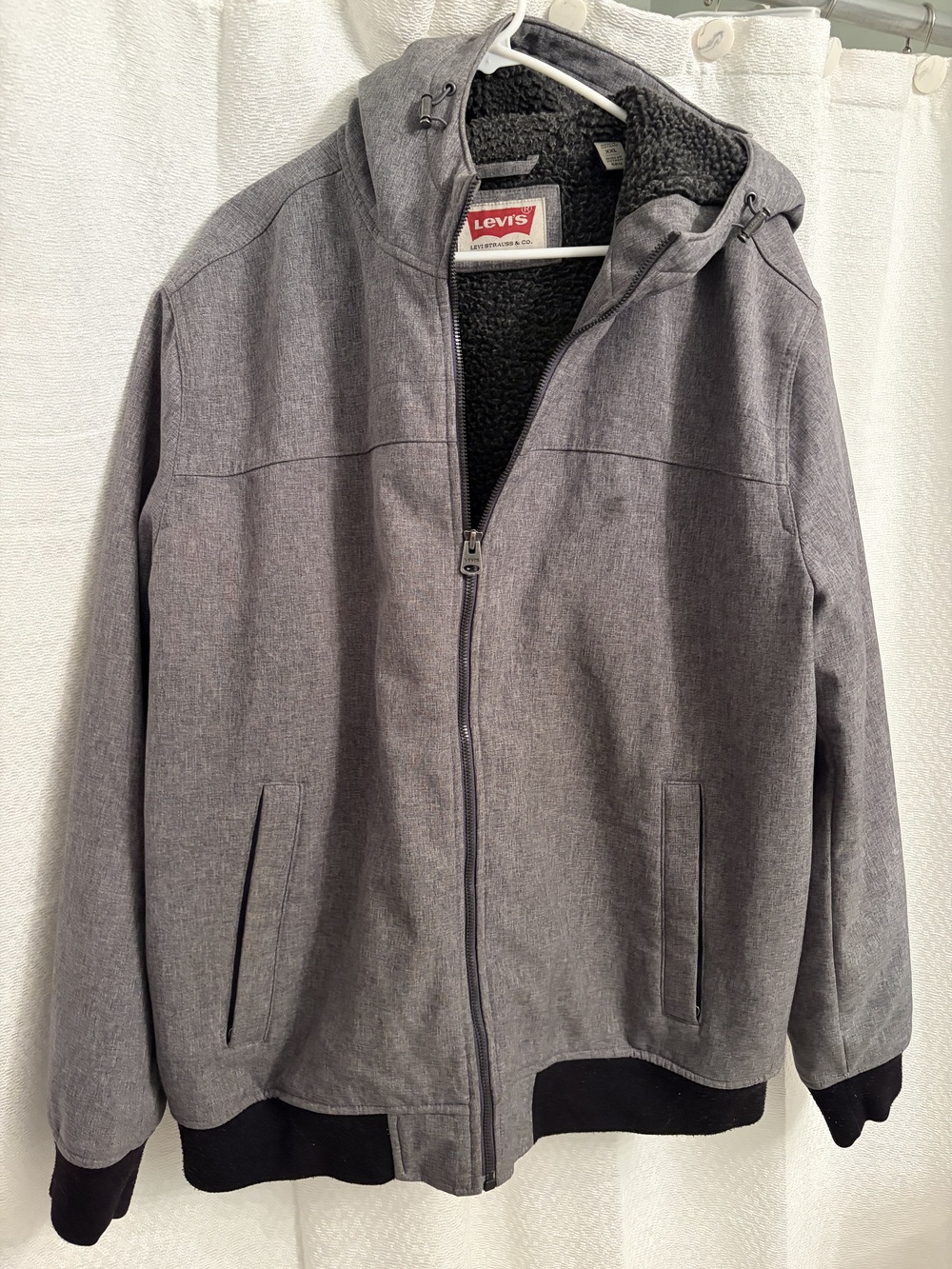 Levi's Men's Softshell Jacket Grey Size XXL Sherpa Lined Hooded Full Zip Bomber